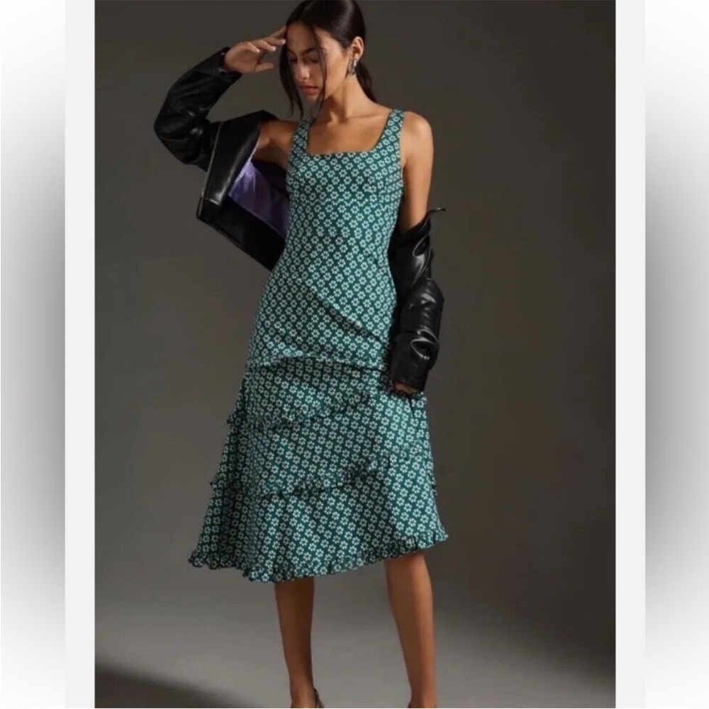 Anthropologie Teal Floral Midi Dress